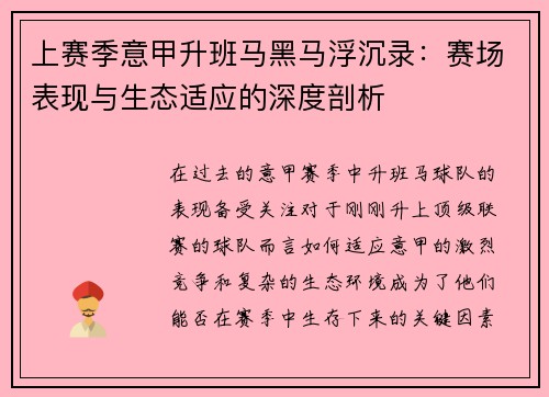 上赛季意甲升班马黑马浮沉录：赛场表现与生态适应的深度剖析