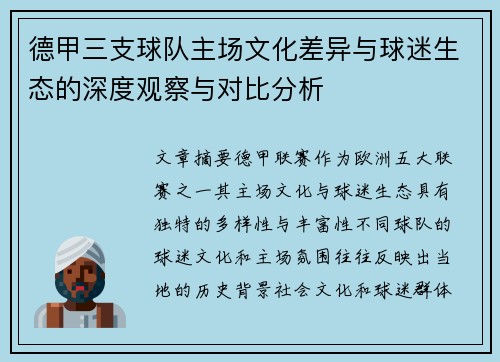 德甲三支球队主场文化差异与球迷生态的深度观察与对比分析
