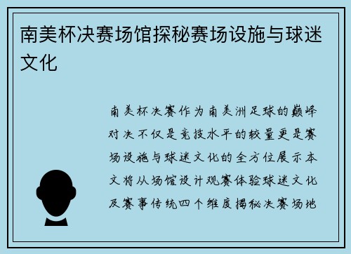 南美杯决赛场馆探秘赛场设施与球迷文化